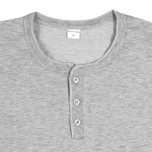 Detailed close-up of grey men's slim fit Henley t-shirt with neckline and buttons