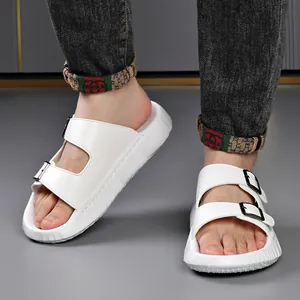 Fashionable white men's casual slides featuring double buckles and lightweight foam soft soles