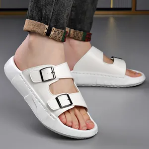 Men's white casual buckle sandals with soft thick foaming sole for outdoor wear