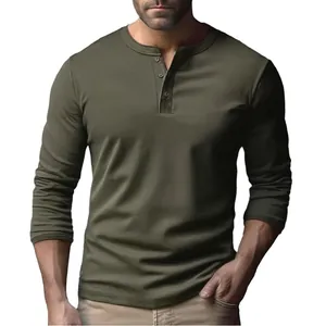 Detail of olive green long sleeve Henley shirt for men featuring a slim fit design