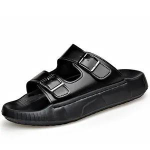 Stylish men's black casual slide sandals with double buckle straps and soft foam sole
