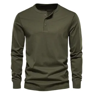 Detailed front view of a men's army green slim fit long sleeve cotton Henley shirt