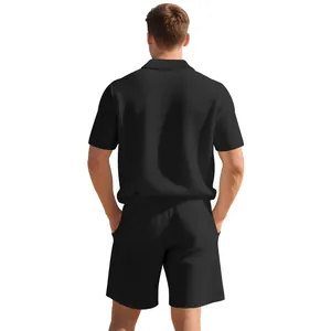 Professional back view of men's black waffle knit polo shirt and shorts casual summer set