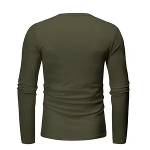 Detailed back view of a men's slim-fit army green long-sleeve T-shirt in solid color
