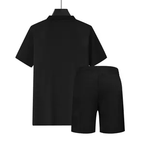 Back view of a black waffle knit loose fit polo shirt and shorts casual set for men