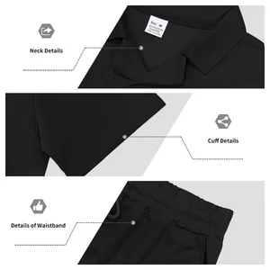 Macro detail shots showing black waffle knit texture on polo shirt neck, cuff and waistband