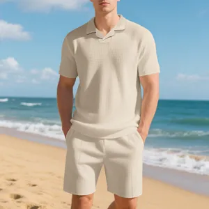 Men's summer waffle knit two-piece set with short-sleeved polo and shorts on beach