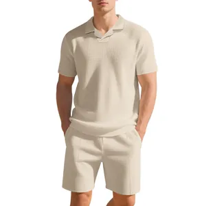 Full view of men's beige waffle knit Polo shirt and matching shorts casual set look