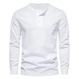 Classic white long-sleeved Henley shirt for men with a slim-fit design and buttoned placket.