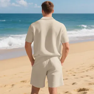 Detailed back view of men's beige waffle knit polo shirt and shorts casual summer set