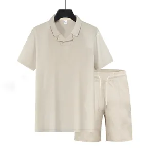 Men's summer two-piece set featuring a waffle knit polo shirt and matching casual shorts.