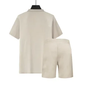 Detailed back view of men's casual waffle knit polo shirt and shorts two-piece set in beige