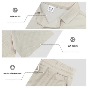 Detailed macro views of waffle knit texture, polo collar and elastic waistband on men's set