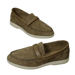 Classic retro olive green suede loafers for women, comfortable casual flat slip-on shoes