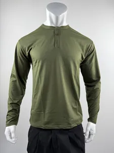 Close-up view of a men's army green slim fit long sleeve Henley shirt on a mannequin
