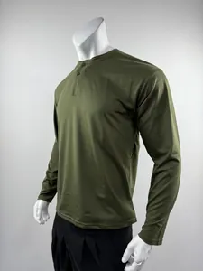 Men's slim-fit long-sleeve Henley shirt in olive green casual style