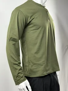 Side view of olive green long sleeve henley shirt showing slim fit and fabric texture
