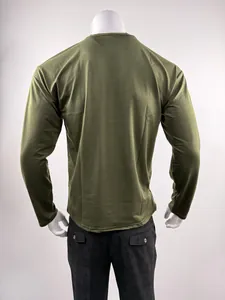 Back view of a premium men's olive green slim fit long sleeve t-shirt on a mannequin.