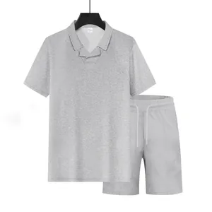 Men's grey waffle knit polo shirt and shorts set for casual summer wear loungewear