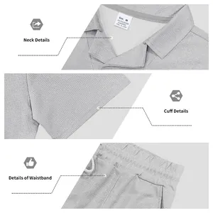 Close-up of neck, cuff and waistband on grey waffle knit polo shirt shorts set