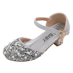 Chaussures de princesse argentées pour filles avec paillettes et perles pour la danse