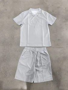 Detailed view of men's summer casual waffle knit polo shirt and matching shorts set