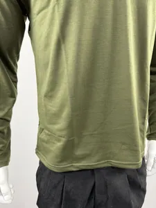 Detailed view of an olive green men's long-sleeve T-shirt with high-quality fabric texture