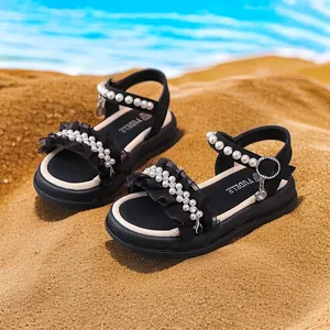 Girls Princess Sandals Summer Korean Style Artificial Pearl Rhinestone PU Leather Lace Ruffle Sandals For Beach Daily Party Kids Shoes