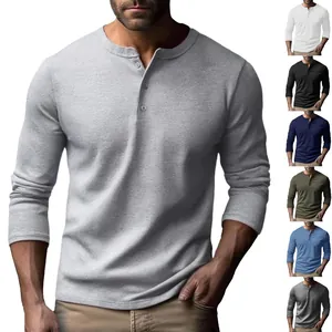 Men Slim Fit Henley Shirt Long Sleeve Round Neck Button Placket Solid Color Polyester Casual T-Shirt Top For Men