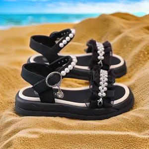 Elegant black girls' princess sandals with pearls and ruffles for summer beach