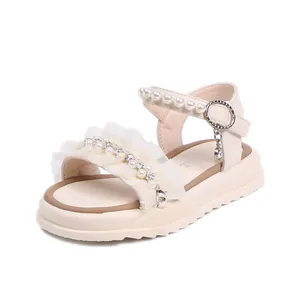 Elegant girls princess sandals with pearl and rhinestone ruffles for summer beach wear