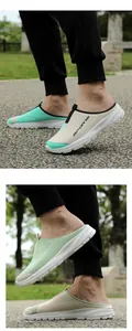 Close-up detail of breathable lightweight mules slippers in casual outdoor park setting