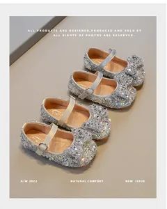 Silver sequined Mary Jane shoes with bows for girls, soft-sole toddler princess shoes