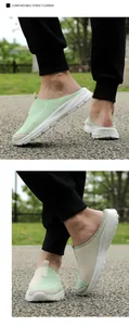 Detailed view of breathable mesh slip-on mules with flexible white sole for summer