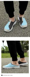 Close-up side and top view of breathable blue mesh mule slippers for men and women