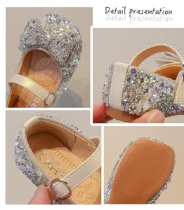 Collage showing sparkling sequin details, buckle strap, and non-slip sole of girls shoes