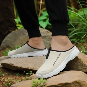 Breathable lightweight beige casual mule sneakers with soft white sole for summer