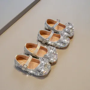 Girls Sparkling Rhinestone Princess Mary Jane Shoes Soft Sole Bow Decor Performance Wedding Single Shoes for Toddler Kids