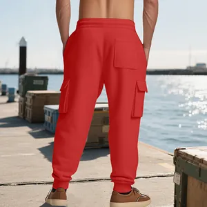 Back view detail of red heavy-weight men's cargo sweatpants with utility pockets