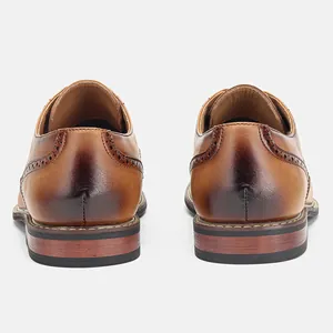 Rückansicht brauner Derby-Schuhe aus Leder mit Brogue-Details und Absatzstruktur.