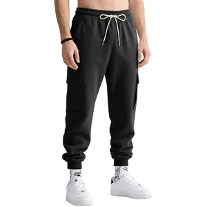 Men's heavyweight black cargo joggers with multi-pocket design and drawstring waist