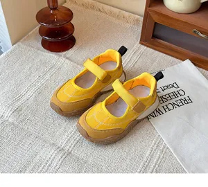 Zapatillas Mary Jane amarillo brillante para niñas, zapatos deportivos casuales de otoño