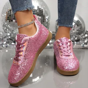 Women's Sparkly Glitter Sneakers Sequin Flat Casual Shoes Round Toe Lace Up Plus Size Fashion Comfortable Low Top Sneakers