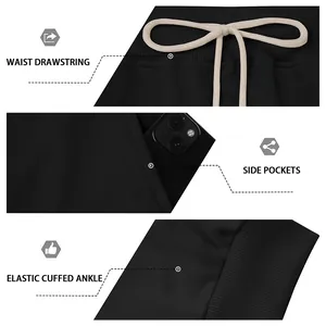Detail view of black men's joggers showing drawstring waist, side pockets, and elastic cuffs.