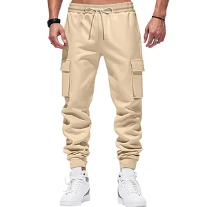 Men's heavy-duty khaki cargo pants with multiple pockets and elastic drawstring waist