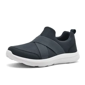 Comfortable navy blue mesh slip-on sports shoes with stylish cross elastic bands and white sole