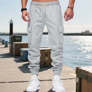 Detailed view of grey heavy loose high street cargo sweatpants with drawstring waist