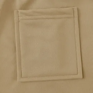Close-up detail of a rectangular cargo pocket on khaki heavyweight cotton fabric