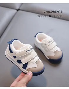 Breathable double mesh toddler walking shoes in white and blue with velcro straps
