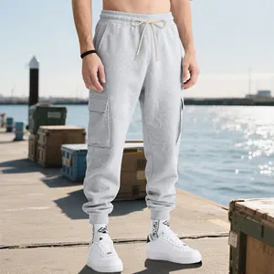 Men's heavyweight grey cargo sweatpants with multi-pockets in high-street loose fit.
